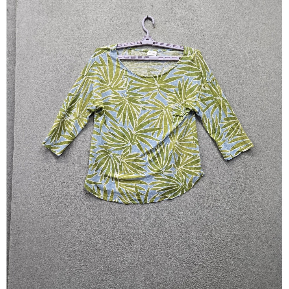 Sigrid Olsen Women Shirt L Green Leaf Print Linen Blend Tropical 3/4 Sleeve
